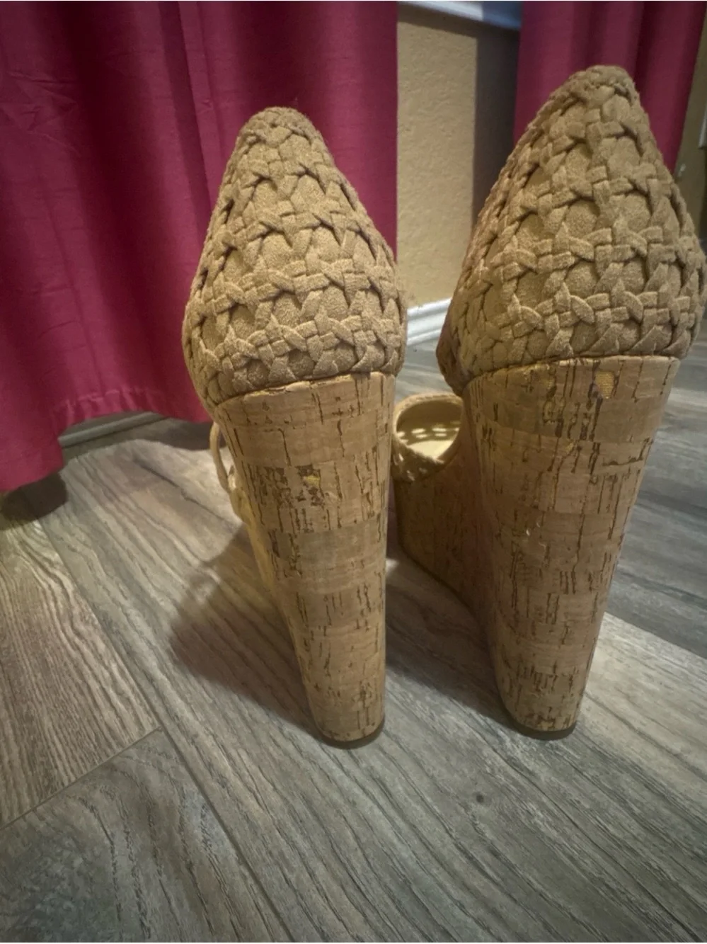 Jessica Simpson Tan Crochet Wedge Sandals with Cork Platform